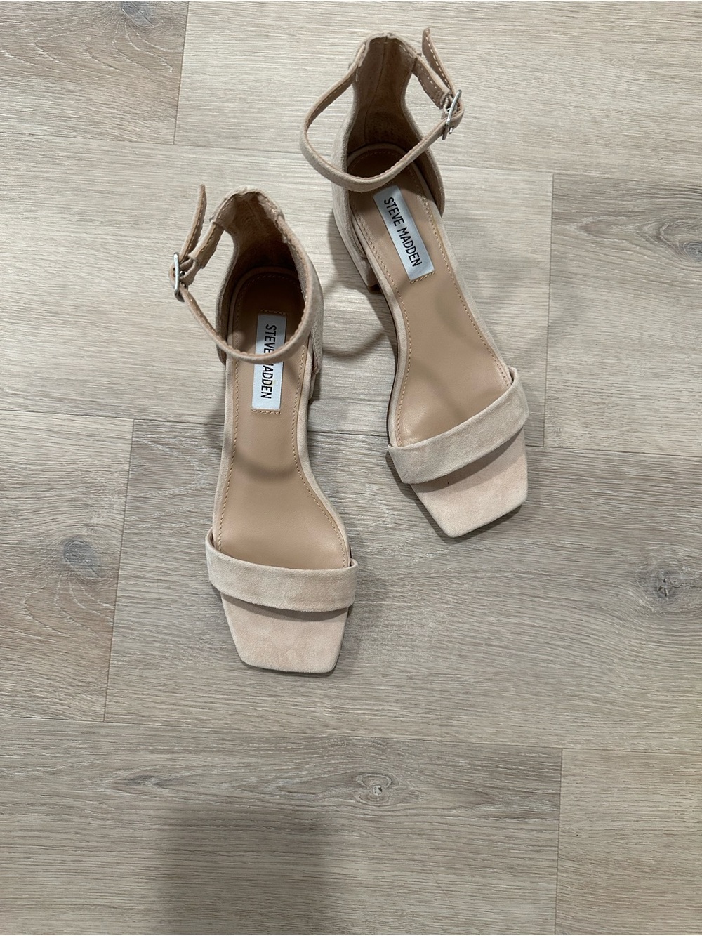 Steve Madden Beige Suede Square-Toe Ankle-Strap Heels
